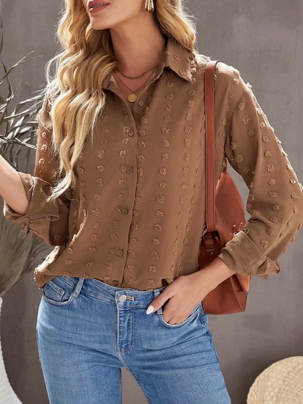 Brown Button-Down Blouse with Textured Dot Detail